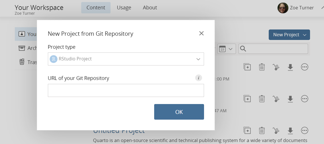 Screenshot of Posit Cloud with the pop up with the box "URL of your Git Repository"